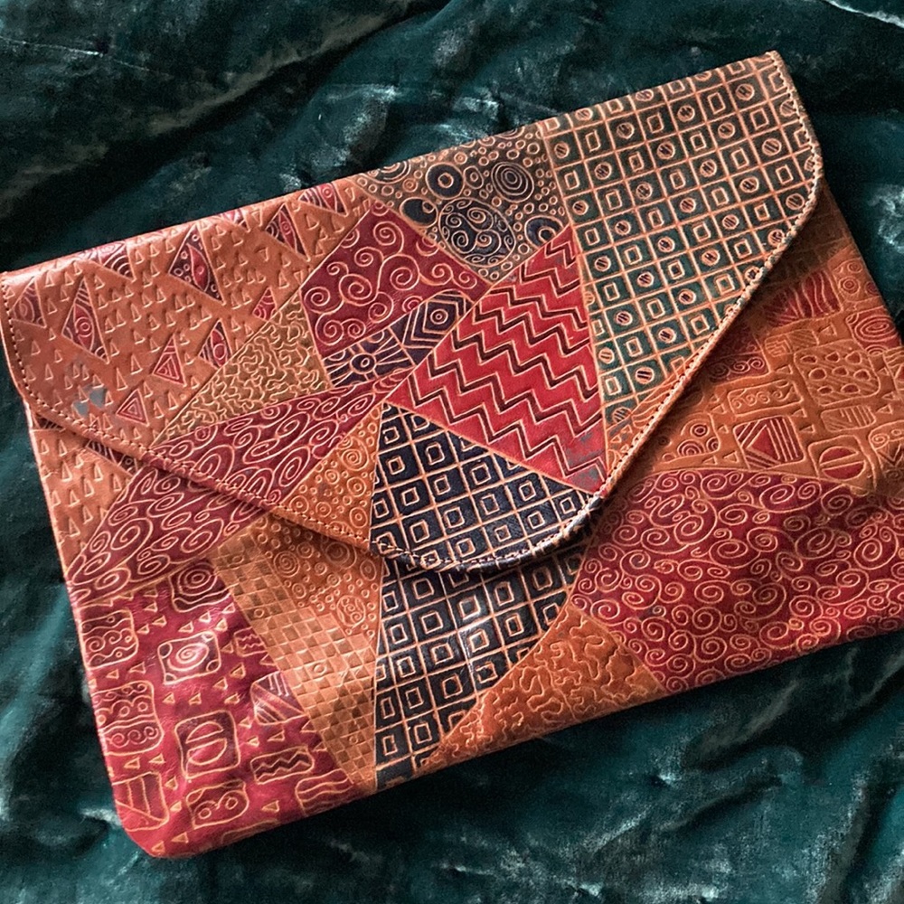 Vintage Huge Tooled Leather Patchwork Envelope Cl… - image 1